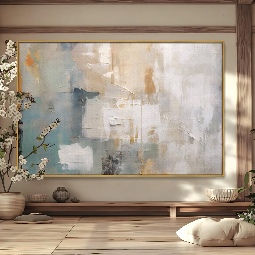 Tablou canvas cu pictura abstracta cu texturi alb, gri si turcoaz, in rama de aluminiu auriu